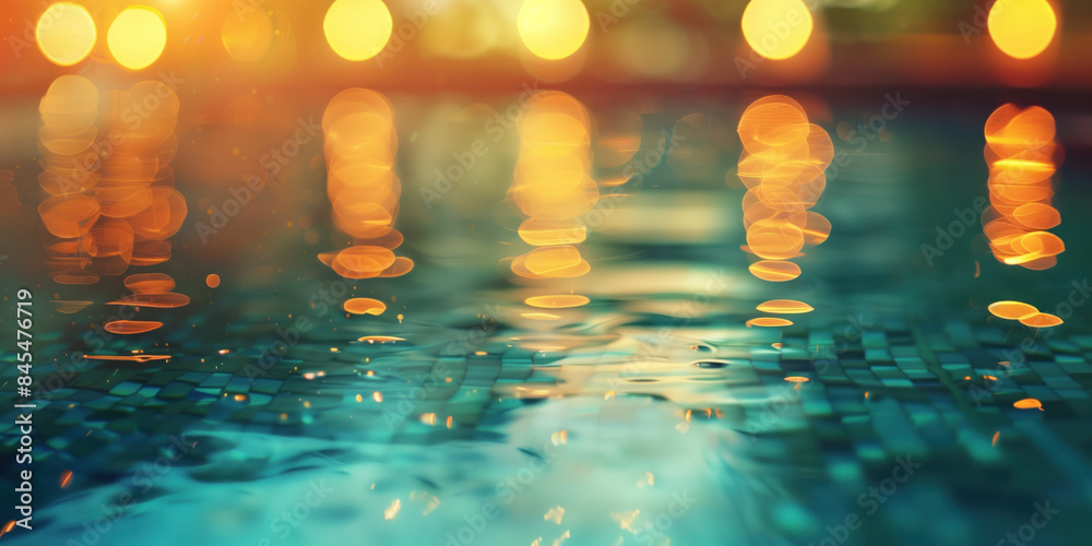 Poster abstract background with blurry lights on pool water. caustics and bokeh. created with generative ai