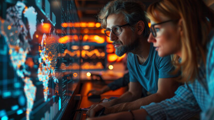 Innovative team working on a digital project with an interactive display