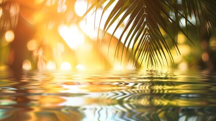 background palm leaves, water ripples and sunlight reflections
