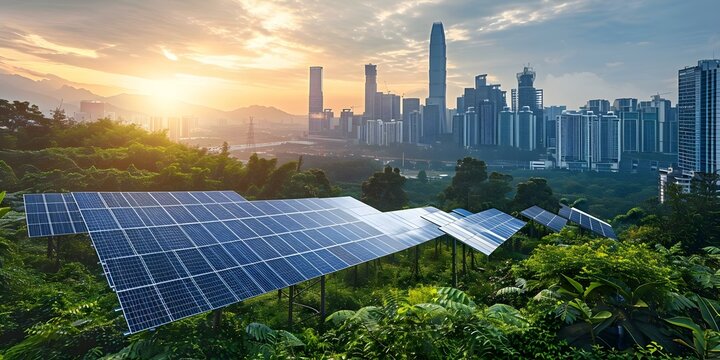 Urban Landscape Featuring Solar Panels and Greenery Highlighting Sustainable Energy Solutions. Concept Urban Landscape, Solar Panels, Greenery, Sustainable Energy Solutions