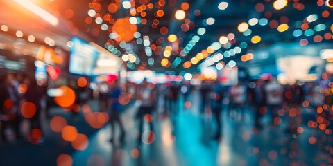 Blurry image of crowded trade show with various company booths. Concept Trade Show, Crowded Event, Booths, Blurry Image, Business Expo