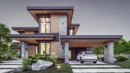 3d rendering of modern two story house with gray and wood accents, large windows, parking space in the right side of the building. Clear summer evening with cozy light from window