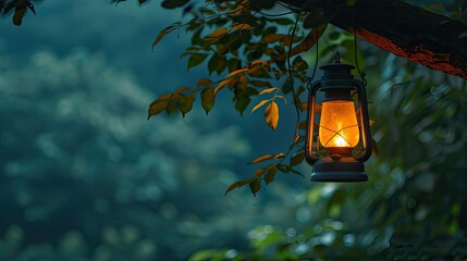 lamp hang for lighting to camping in the natural park. A hanging oil lamp on the camping