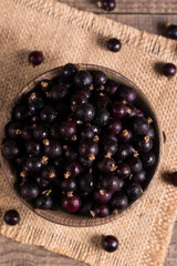 Black currant in a bowl on wooden background. Organic berries. 