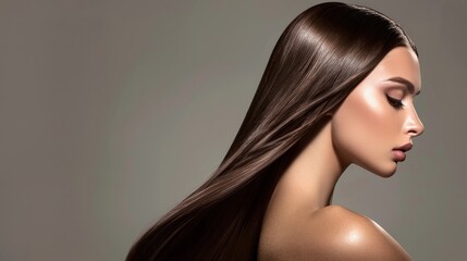 Naklejka premium Fashion woman with long straight shiny hair beauty and hair care gray background