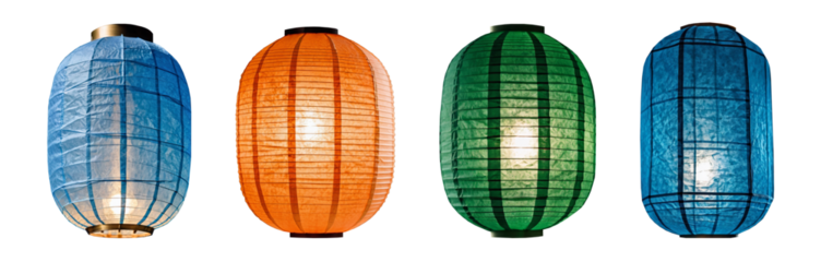 Set of air lanterns isolated on transparent background. Blue, orange, green paper lanterns. Collection of traditional Asian decor. Japanese lantern festival. Obon, Buddhist holiday in Japan concept. 