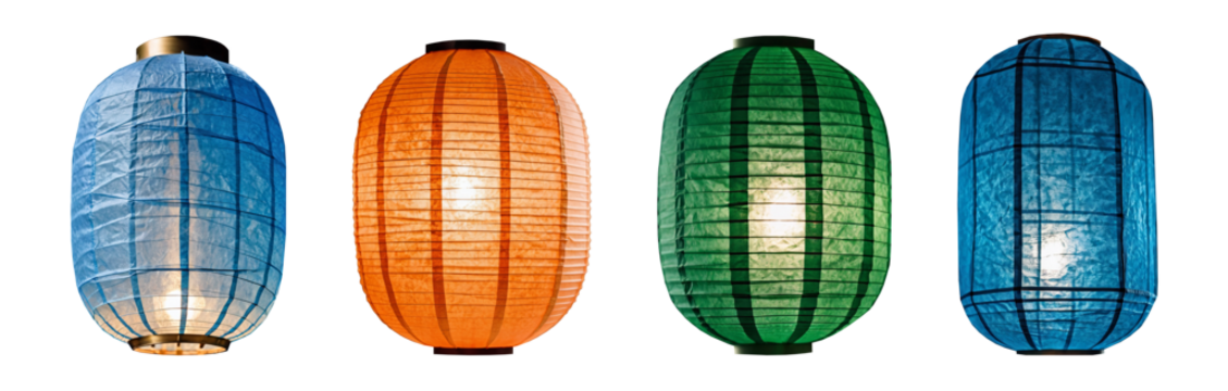 Set of air lanterns isolated on transparent background. Blue, orange, green paper lanterns. Collection of traditional Asian decor. Japanese lantern festival. Obon, Buddhist holiday in Japan concept. 