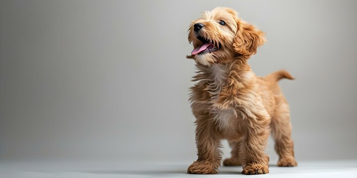 Playful Australian Cobberdog Labradoodle puppy posing with tongue out on white background. Concept Pets, Puppies, Australian Cobberdog, Labradoodle, Cute Contrasts