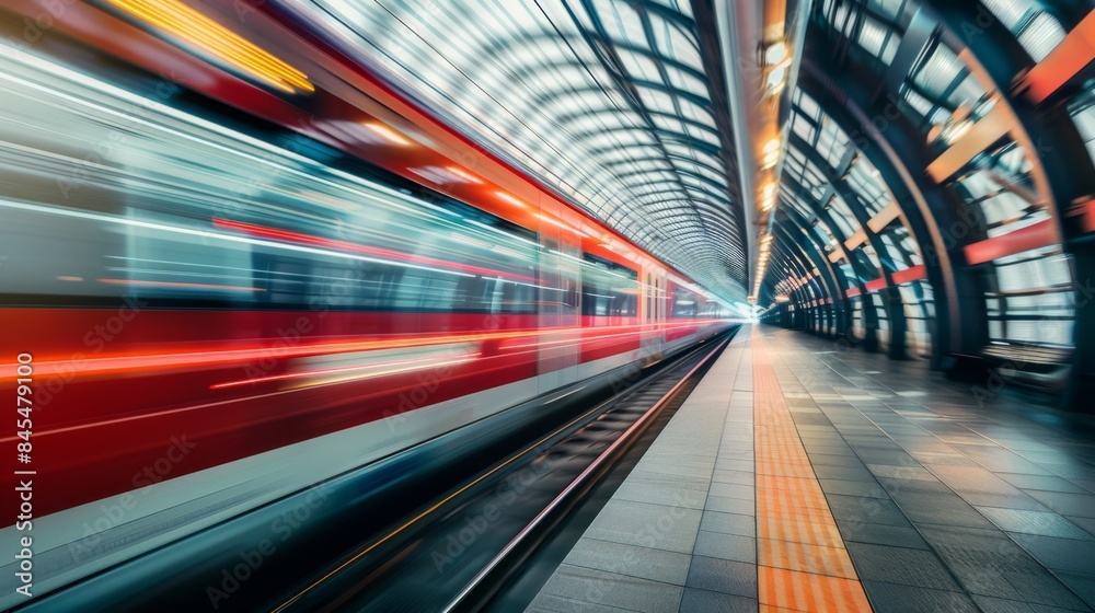 Poster high-speed train zooming through a modern railway station platform with blurred motion effect