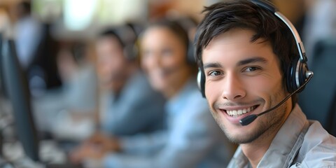 Portrait of a smiling call center worker with his team. Concept Team photo, Call center staff, Smiling faces, Group portrait, Corporate environment