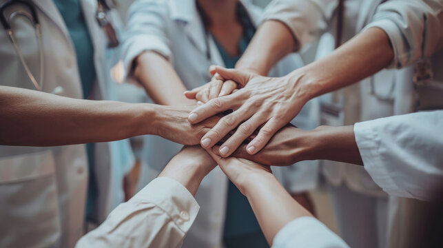 Close-up of diverse medical team showing unity with a hand stack in hospital