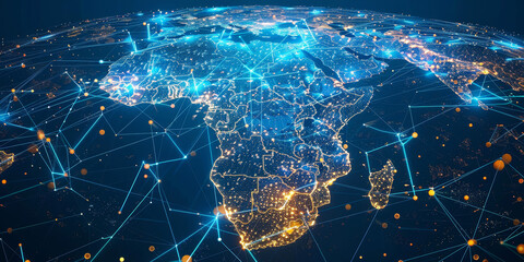 Digital map of Africa illuminated with glowing connections representing data networks