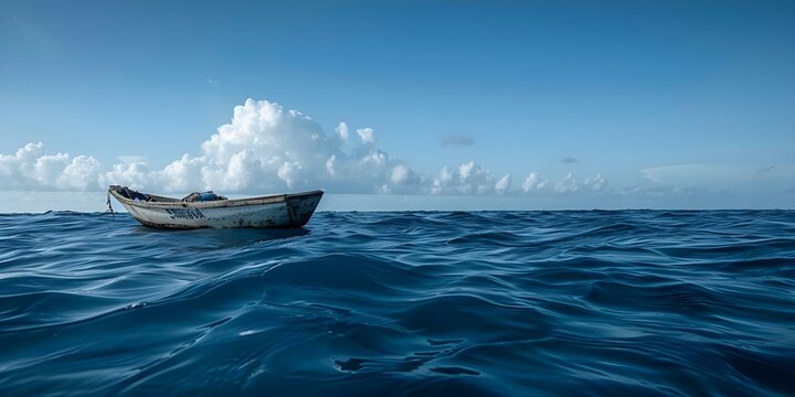 The Danger Faced by Migrants and Refugees Crossing the Ocean by Boat. Concept Migrant Crisis, Refugee Safety, Ocean Hazards, Humanitarian Aid, International Migration