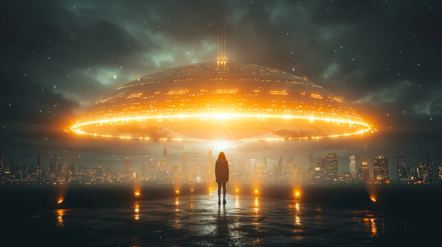 World UFO Day July 2 Celebration Flying Saucer Alien Invasion Person Watches Spaceship Arrival In City