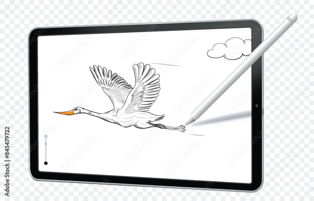 Sticker digital drawing with tablet computer and pen. hand drawn stork vector illustration on tablet pc with