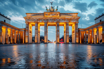 Obraz premium Twilight view of the illuminated Brandenburg Gate in Berlin with dramatic sky