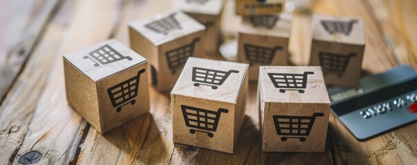 A pile of small cardboard boxes with shopping cart icons, arranged on a wooden table next to a credit card, symbolizing ecommerce and online purchases