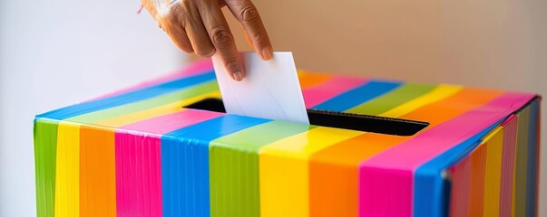 Fototapeta premium A person s hand holding a voting ballot midair above a slot in a colorful