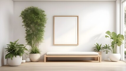 White patio mockup with plants and a frame. a calm white patio with a wooden deck, potted plants, and a mock-up of a blank frame on the wall—ideal for displaying photographs or artwork.