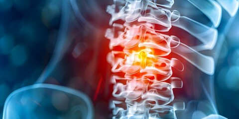Closeup medical diagram detailing back pain in lumbar region of spine. Concept Medical Illustration, Back Pain, Lumbar Spine, Closeup Diagram