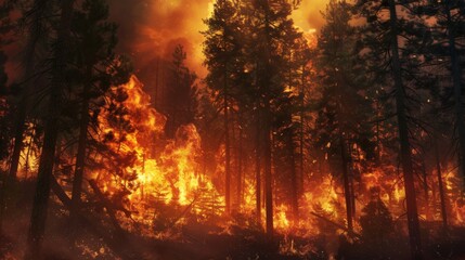 Intense flames engulfing trees in a forest, showcasing the destructive power of wildfires