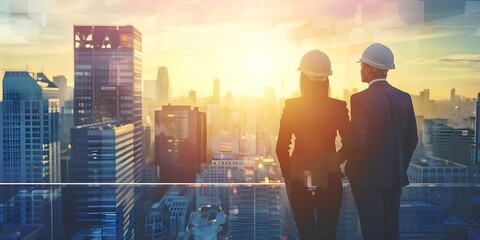 Real estate investor and civil engineer inspecting construction progress in hard hats. Concept Real Estate Development, Construction Inspection, Investment Portfolio, Civil Engineering