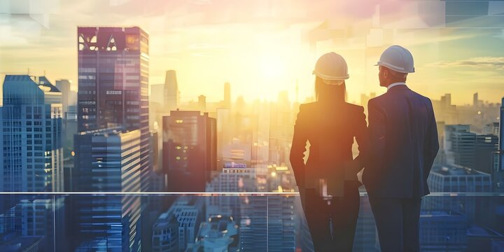 Real estate investor and civil engineer inspecting construction progress in hard hats. Concept Real Estate Development, Construction Inspection, Investment Portfolio, Civil Engineering