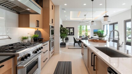 Elegant kitchen interior with modern range hood over cooktop and stylish furniture