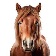 A brown horse with a white spot on its forehead is staring at the camera