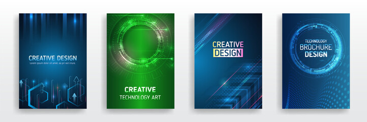 Scientific cover template for presentation, banner. Page layout set for sci-fi. Set of high-tech covers for marketing. Modern technology design for posters. Futuristic background for flyer, brochure.