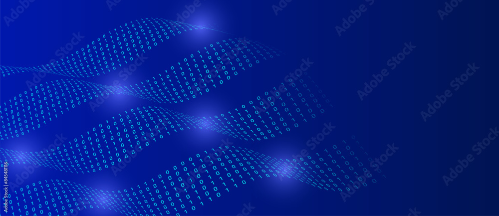 Poster Blue background with data flow. Binary code, artificial intelligence. Program code. Computer background of numbers. Analytics, sorting, structuring, information transfer.