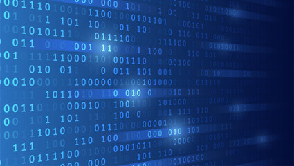 Fototapeta premium Analytics, sorting, structuring, information transfer. Blue background with data flow. Binary code, artificial intelligence. Program code. Computer background of numbers.