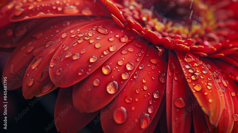 Poster macro shot of raindrops cascading off the vibrant petals of a gerbera daisy after a refreshing showe