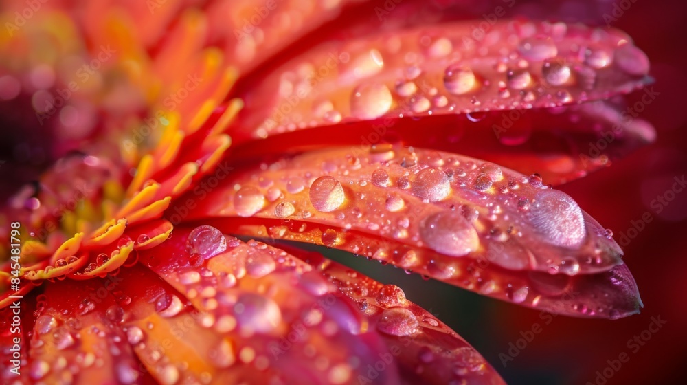 Poster macro shot of raindrops cascading off the vibrant petals of a gerbera daisy after a refreshing showe