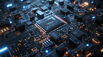 Obraz premium Circuit board blueprint on dark backdrop