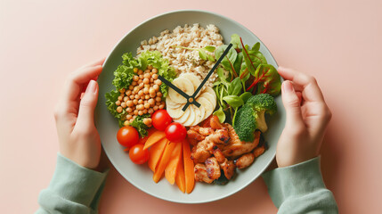 a clock with hands pointing to different times of the day, each time accompanied by illustrations of recommended foods