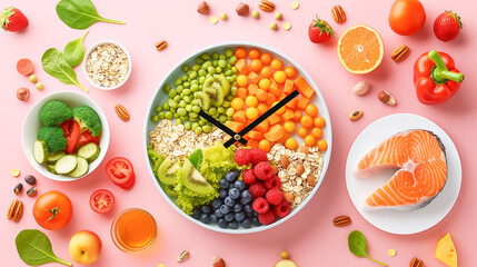 a clock with hands pointing to different times of the day, each time accompanied by illustrations of recommended foods