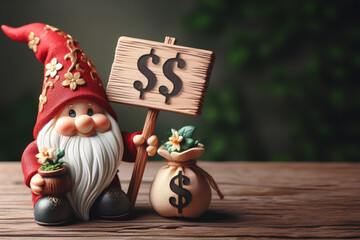 A gnome holding a sign that says
