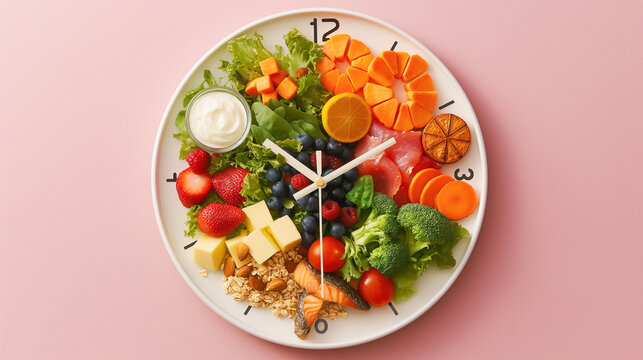a clock with hands pointing to different times of the day, each time accompanied by illustrations of recommended foods