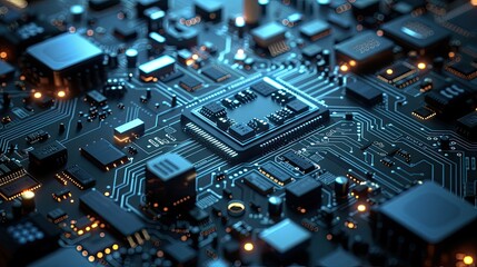 Circuit board blueprint on dark backdrop