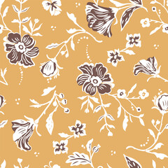 Seamless pattern with delicate flowers on a yellow background. Handmade fabric, gift packaging.