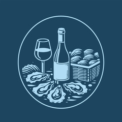 Oysters and wine. Logo, icon, emblem, sign. simple hand drawn engraving vector illustration, thick outline