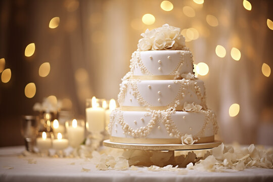 White wedding cake, three tiers, with pearl decorations and white roses, against a background of candles, with a bokke effect.