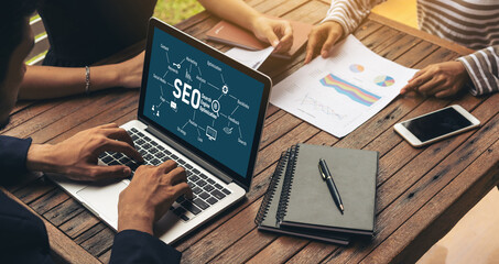 SEO search engine optimization for modish e-commerce and online retail business showing on computer...
