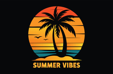 Summer svg, summer t shirt design vector illustration, beach life, with sunset reflect in the pum tree, typography, Funny summer vibes, printable, cut file cricut, silhouette, png, laser cut