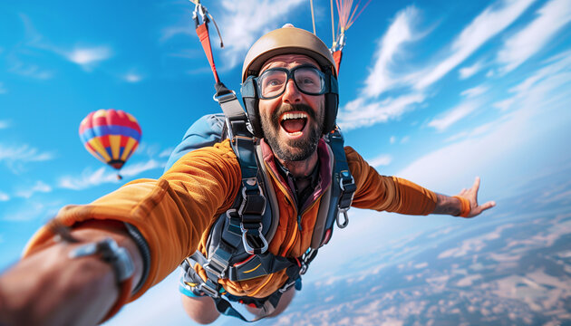 Man's thrill bungee jumping from hot-air balloon captures excitement, adventure, and adrenaline. With joyful expression, he embraces freefalling, embodying bravery, fearlessness in daring activity