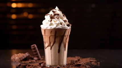 Photo of sweet Milkshake on dark background for promotion