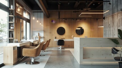 hair saloon, scandinavian design, white brick wall, concrete floor, 16:9