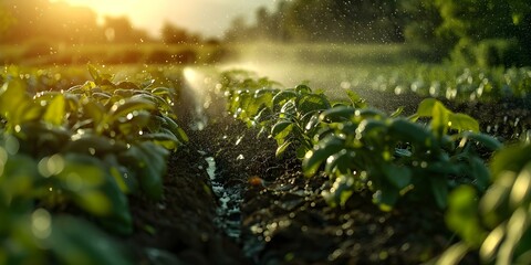 Fototapeta premium Irrigating Crops with a Sprinkler System in an Agricultural Garden. Concept Irrigation Techniques, Agricultural Gardening, Sprinkler Systems, Crop Watering, Sustainable Farming