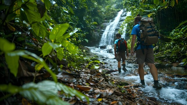 Backpackers Discover Hidden Waterfall in Lush Rainforest Trail Adventure